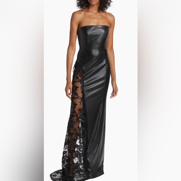 Alice and Olivia Elegant Black Faux Leather Gown with Lace Detail - Picture 1 of 15